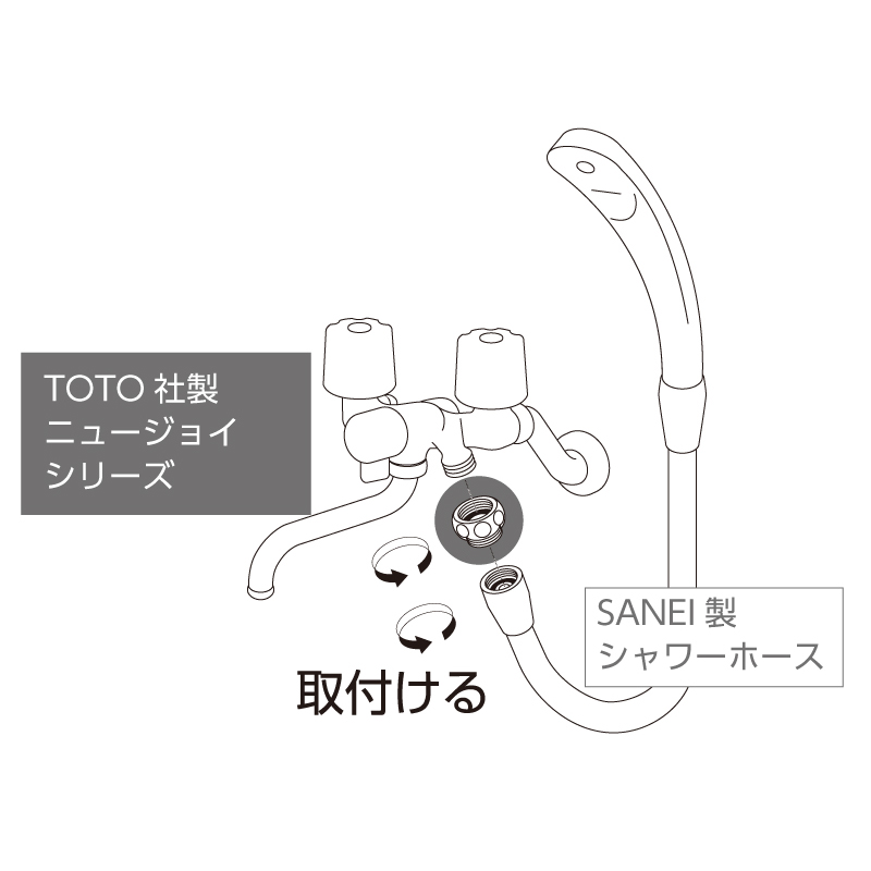 TOTO社製ニュージョイシリーズ混合栓にSANEI製シャワーホースを接続する