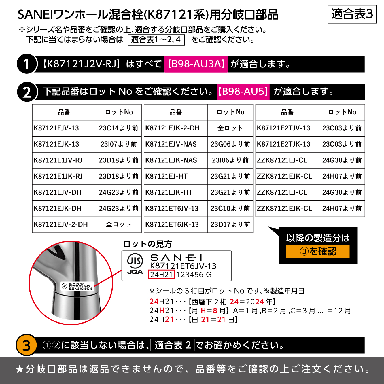 分岐口部品 適合表3