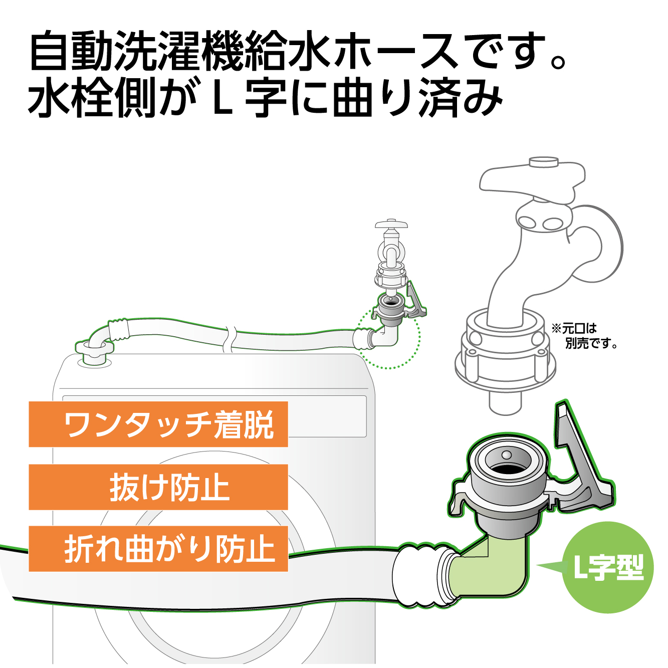 洗濯機に給水するためのホース（L字型）