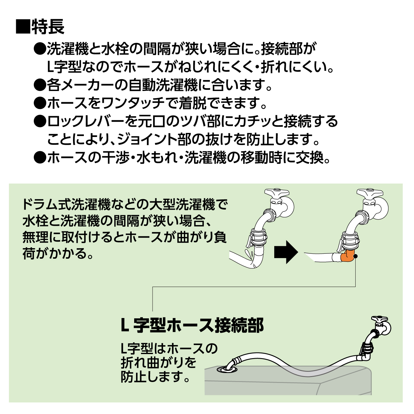 特長：ドラム式洗濯機など大型洗濯機の設置に便利