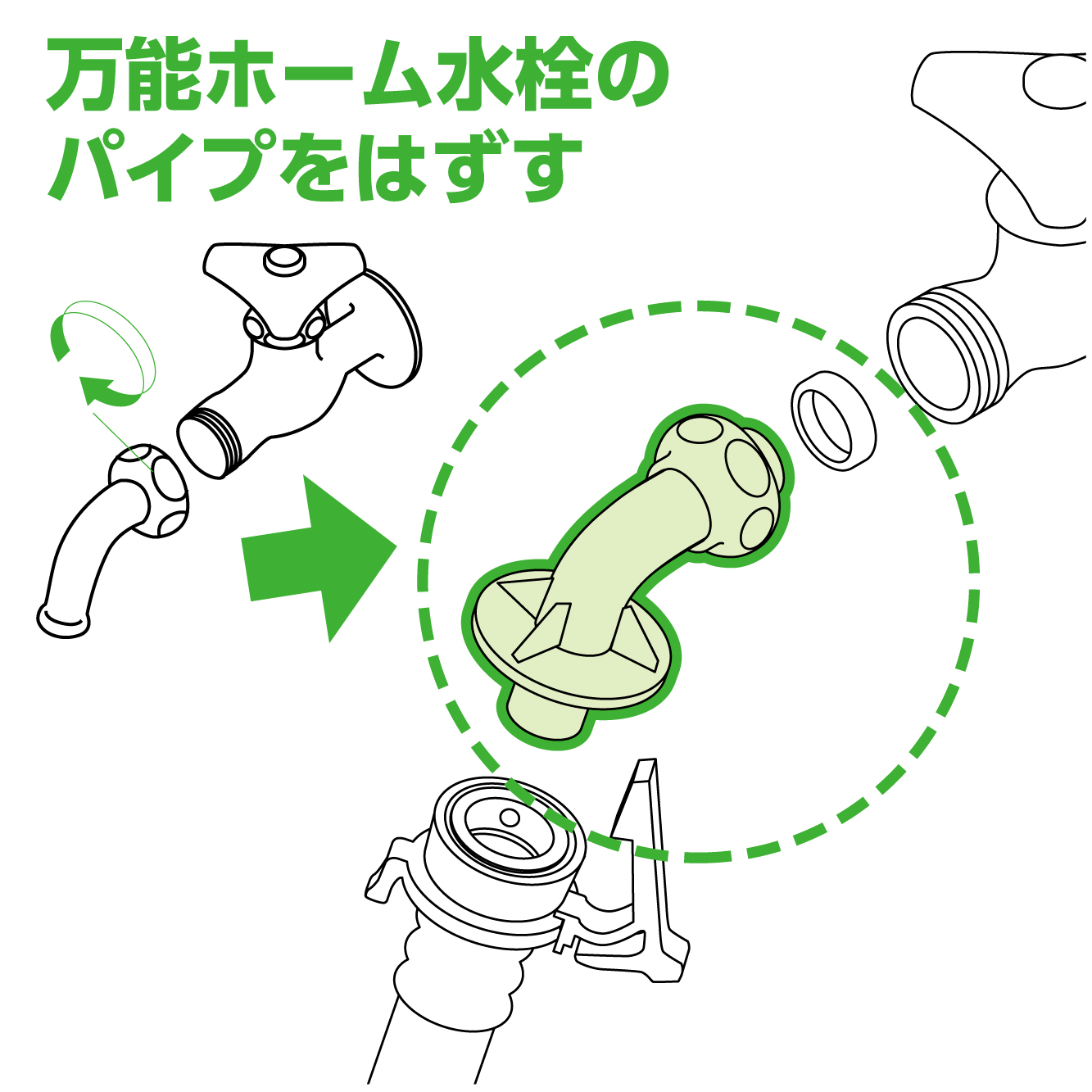 万能ホーム水栓のパイプを外して接続。