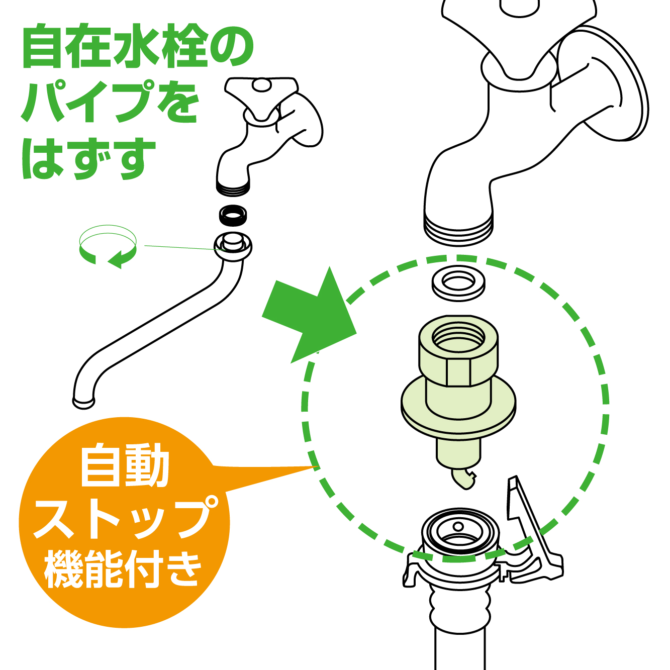 自在水栓のパイプを外して接続