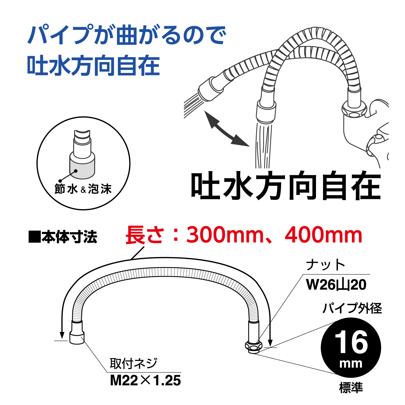 吐水方向自由自在、サイズ